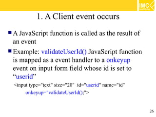 1. A Client event occurs
 A JavaScript    function is called as the result of
  an event
 Example: validateUserId() JavaScript function
  is mapped as a event handler to a onkeyup
  event on input form field whose id is set to
  “userid”
  <input type="text" size="20" id="userid" name="id"
       onkeyup="validateUserId();">


                                                        26
 