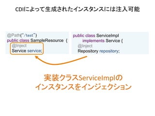 CDIによって生成されたインスタンスには注入可能	

@Path(“/test”)
public class SampleResource {
@Inject
Service service;

public class ServiceImpl
implements Service {
@Inject
Repository repository;

実装クラスServiceImplの	
  
インスタンスをインジェクション	

 