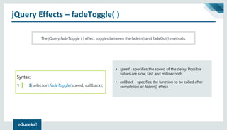 jQuery Effects – fadeToggle( )
The jQuery fadeToggle ( ) effect toggles between the fadeIn() and fadeOut() methods.
Syntax:
1 $(selector).fadeToggle(speed, callback);
• speed - specifies the speed of the delay. Possible
values are slow, fast and milliseconds
• callback - specifies the function to be called after
completion of fadeIn() effect
 