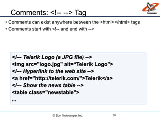 Comments: <!-- --> Tag
• Comments can exist anywhere between the <html></html> tags
• Comments start with <!-- and end with -->
30
<!–- Telerik Logo (a JPG file) -->
<img src="logo.jpg" alt=“Telerik Logo">
<!–- Hyperlink to the web site -->
<a href="http://telerik.com/">Telerik</a>
<!–- Show the news table -->
<table class="newstable">
...
© Sun Technologies Inc.
 