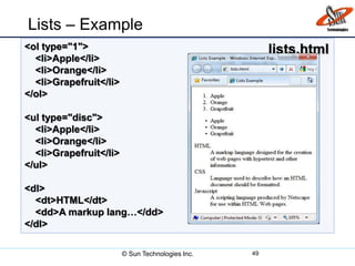 Lists – Example
49
<ol type="1">
<li>Apple</li>
<li>Orange</li>
<li>Grapefruit</li>
</ol>
<ul type="disc">
<li>Apple</li>
<li>Orange</li>
<li>Grapefruit</li>
</ul>
<dl>
<dt>HTML</dt>
<dd>A markup lang…</dd>
</dl>
lists.html
© Sun Technologies Inc.
 