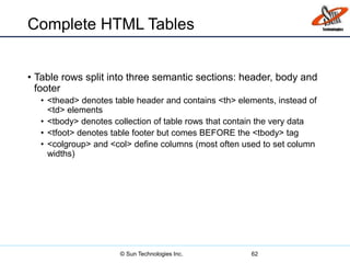 Complete HTML Tables
• Table rows split into three semantic sections: header, body and
footer
• <thead> denotes table header and contains <th> elements, instead of
<td> elements
• <tbody> denotes collection of table rows that contain the very data
• <tfoot> denotes table footer but comes BEFORE the <tbody> tag
• <colgroup> and <col> define columns (most often used to set column
widths)
62© Sun Technologies Inc.
 
