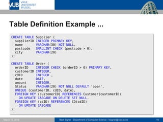 Beat Signer - Department of Computer Science - bsigner@vub.ac.be 15March 17, 2017
Table Definition Example ...
CREATE TABLE Supplier (
supplierID INTEGER PRIMARY KEY,
name VARCHAR(30) NOT NULL,
postcode SMALLINT CHECK (postcode > 0),
city VARCHAR(20)
);
CREATE TABLE Order (
orderID INTEGER CHECK (orderID > 0) PRIMARY KEY,
customerID INTEGER,
cdID INTEGER ,
date DATE,
amount INTEGER,
Status VARCHAR(20) NOT NULL DEFAULT 'open',
UNIQUE (customerID, cdID, date),
FOREIGN KEY (customerID) REFERENCES Customer(customerID)
ON UPDATE CASCADE ON DELETE SET NULL,
FOREIGN KEY (cdID) REFERENCES CD(cdID)
ON UPDATE CASCADE
);
 