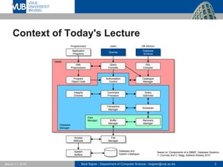 Beat Signer - Department of Computer Science - bsigner@vub.ac.be 2March 17, 2017
Context of Today's Lecture
Access
Methods
System
Buffers
Authorisation
Control
Integrity
Checker
Command
Processor
Program
Object Code
DDL
Compiler
File
Manager
Buffer
Manager
Recovery
Manager
Scheduler
Query
Optimiser
Transaction
Manager
Query
Compiler
Queries
Catalogue
Manager
DML
Preprocessor
Database
Schema
Application
Programs
Database and
System Catalogue
Database
Manager
Data
Manager
DBMS
Programmers Users DB Admins
Based on 'Components of a DBMS', Database Systems,
T. Connolly and C. Begg, Addison-Wesley 2010
 