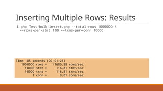 Inserting Multiple Rows: Results
$ php Test-bulk-insert.php --total-rows 1000000 
--rows-per-stmt 100 --txns-per-conn 10000
Time: 85 seconds (00:01:25)
1000000 rows = 11680.98 rows/sec
10000 stmt = 116.81 stmt/sec
10000 txns = 116.81 txns/sec
1 conn = 0.01 conn/sec
 