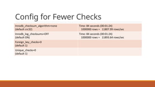 Config for Fewer Checks
Innodb_checksum_algorithm=none
(default	crc32)
Time:	84	seconds (00:01:24)
1000000	rows =	 11807.99	rows/sec
Innodb_log_checksums=OFF
(default	ON)
Time:	84	seconds	(00:01:24)
1000000	rows	=	 11893.64	rows/sec
Foreign_key_checks=0
(default	1)
Unique_checks=0
(default	1)
 