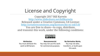 License and Copyright
Copyright 2017 Bill Karwin
http://www.slideshare.net/billkarwin
Released under a Creative Commons 3.0 License:
http://creativecommons.org/licenses/by-nc-nd/3.0/
You are free to share—to copy, distribute,
and transmit this work, under the following conditions:
Attribution.
You	must	attribute	this	
work	to	Bill	Karwin.
Noncommercial.
You	may	not	use	this	work	
for	commercial	purposes.
No	Derivative	Works.
You may	not	alter,	
transform,	or	build	upon	
this	work.
 