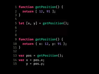 1 function getPosition() {
2 return [ 12, 91 ];
3 }
4
5 var pos = getPosition();
6 var x = pos[0],
7 y = pos[1];
8
9 function getPosition() {
10 return { x: 12, y: 91 };
11 }
12
13 var pos = getPosition();
14 var x = pos.x;
15 y = pos.y;
let [x, y] = getPosition();
 