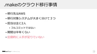 © DMM.com Group
.makeのクラウド移⾏事情
• 移⾏先はAWS
• 移⾏対象システムが⼤きく分けて３つ
• 担当は主に2⼈
• フルコミットではない
• 期間は半年くらい
• 圧倒的に⼈⼿が⾜りていない
15
 