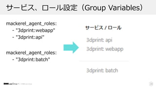 © DMM.com Group
サービス、ロール設定（Group Variables）
mackerel_agent_roles:
- "3dprint:webapp"
- "3dprint:api"
29
mackerel_agent_roles:
- "3dprint:batch"
 