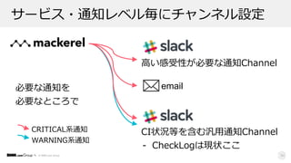 © DMM.com Group 34
email
CI状況等を含む汎⽤通知Channel
- CheckLogは現状ここ
⾼い感受性が必要な通知Channel
サービス・通知レベル毎にチャンネル設定
CRITICAL系通知
WARNING系通知
必要な通知を
必要なところで
 