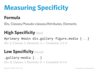 Modular HTML, CSS, & JS @shayhowe & @darbyfrey
Measuring Speciﬁcity
Formula
IDs, Classes/Pseudo-classes/Attributes, Elements
High Speciﬁcity(Bad)
#primary	
  #main	
  div.gallery	
  figure.media	
  {...}
IDs: 2, Classes: 2, Elements: 2 — Compiled: 2–2–2
Low Speciﬁcity(Good)
.gallery-­‐media	
  {...}
IDs: 0, Classes: 1, Elements: 0 — Compiled: 0-1-0
 
