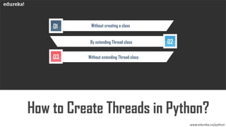 www.edureka.co/python
How to Create Threads in Python?
01 Without creating a class
02By extending Thread class
03 Without extending Thread class
 