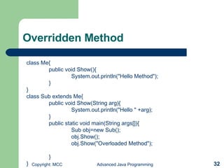 Overridden Method class Me{ public void Show(){ System.out.println(&quot;Hello Method&quot;); } } class Sub extends Me{ public void Show(String arg){ System.out.println(&quot;Hello &quot; +arg); } public static void main(String args[]){ Sub obj=new Sub(); obj.Show(); obj.Show(&quot;Overloaded Method&quot;); } } 