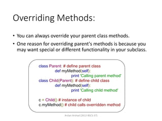 Overriding Methods:
• You can always override your parent class methods.
• One reason for overriding parent's methods is because you
may want special or different functionality in your subclass.
class Parent: # define parent class
def myMethod(self):
print 'Calling parent method'
class Child(Parent): # define child class
def myMethod(self):
print 'Calling child method'
c = Child() # instance of child
c.myMethod() # child calls overridden method
Arslan Arshad (2K12-BSCS-37)
 