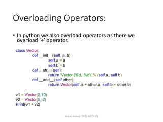 Overloading Operators:
• In python we also overload operators as there we
overload ‘+’ operator.
class Vector:
def __init__(self, a, b):
self.a = a
self.b = b
def __str__(self):
return 'Vector (%d, %d)' % (self.a, self.b)
def __add__(self,other):
return Vector(self.a + other.a, self.b + other.b)
v1 = Vector(2,10)
v2 = Vector(5,-2)
Print(v1 + v2)
Arslan Arshad (2K12-BSCS-37)
 