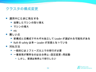 クラスタの構成変更
 運用中にたまに発生する
 故障したマシンの取り替え
 マシンの増大
 etc
 難しい点
 新構成と旧構成でそれぞれ独立して Leader が選ばれる可能性がある
 Raft の safety は単一 Leader が前提となっている
 対処方法
 一般的には 2 フェーズ以上での移行が必要
 一番実現が簡単なのは全台停止→設定変更→再起動

しかし、普通は無停止で移行したい
53
 