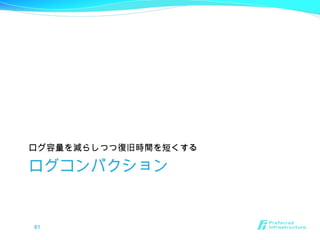 ログコンパクション
ログ容量を減らしつつ復旧時間を短くする
61
 