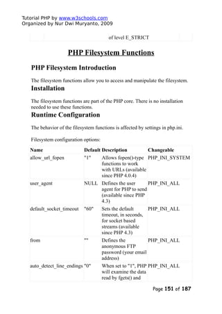 Tutorial PHP by www.w3schools.com
Organized by Nur Dwi Muryanto, 2009
of level E_STRICT
PHP Filesystem Functions
PHP Filesystem Introduction
The filesystem functions allow you to access and manipulate the filesystem.
Installation
The filesystem functions are part of the PHP core. There is no installation
needed to use these functions.
Runtime Configuration
The behavior of the filesystem functions is affected by settings in php.ini.
Filesystem configuration options:
Name Default Description Changeable
allow_url_fopen "1" Allows fopen()-type
functions to work
with URLs (available
since PHP 4.0.4)
PHP_INI_SYSTEM
user_agent NULL Defines the user
agent for PHP to send
(available since PHP
4.3)
PHP_INI_ALL
default_socket_timeout "60" Sets the default
timeout, in seconds,
for socket based
streams (available
since PHP 4.3)
PHP_INI_ALL
from "" Defines the
anonymous FTP
password (your email
address)
PHP_INI_ALL
auto_detect_line_endings "0" When set to "1", PHP
will examine the data
read by fgets() and
PHP_INI_ALL
Page 151 of 187
 