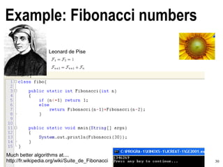 30A Concise and Practical Introduction to Programming Algorithms in Java © 2009 Frank Nielsen
Example: Fibonacci numbers
Leonard de Pise
Much better algorithms at....
http://fr.wikipedia.org/wiki/Suite_de_Fibonacci
 