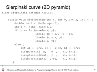 49A Concise and Practical Introduction to Programming Algorithms in Java © 2009 Frank Nielsen
Sierpinski curve (2D pyramid)
http://www.enseignement.polytechnique.fr/profs/informatique/Philippe.Chassignet/MACLIB/Java/maclib_java.html
 