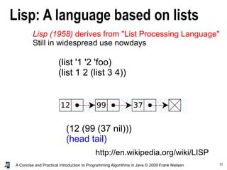 11A Concise and Practical Introduction to Programming Algorithms in Java © 2009 Frank Nielsen
Lisp: A language based on lists
http://en.wikipedia.org/wiki/LISP
(list '1 '2 'foo)
(list 1 2 (list 3 4))
(12 (99 (37 nil)))
(head tail)
Lisp (1958) derives from "List Processing Language"
Still in widespread use nowdays
 