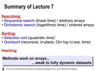 3A Concise and Practical Introduction to Programming Algorithms in Java © 2009 Frank Nielsen
Summary of Lecture 7
Searching:
● Sequential search (linear time) / arbitrary arrays
● Dichotomic search (logarithmic time) / ordered arrays
Sorting:
● Selection sort (quadratic time)
● Quicksort (recursive, in-place, O(n log n) exp. time)
Hashing
Methods work on arrays...
...weak to fully dynamic datasets
 