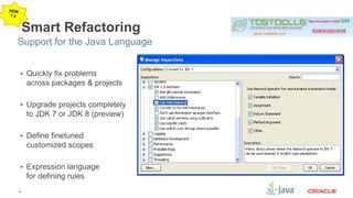 Support for the Java Language 
14 
Smart Refactoring 
 Quickly fix problems 
across packages & projects 
 Upgrade projects completely 
to JDK 7 or JDK 8 (preview) 
 Define finetuned 
customized scopes 
 Expression language 
for defining rules 
 