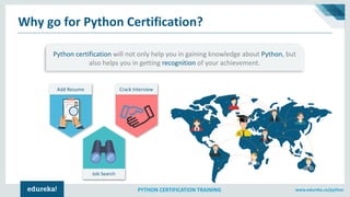 www.edureka.co/pythonPYTHON CERTIFICATION TRAINING
Crack InterviewAdd Resume
Why go for Python Certification?
Python certification will not only help you in gaining knowledge about Python, but
also helps you in getting recognition of your achievement.
Job Search
 