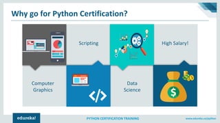 www.edureka.co/pythonPYTHON CERTIFICATION TRAINING
Why go for Python Certification?
Computer
Graphics
Scripting
Data
Science
High Salary!
 