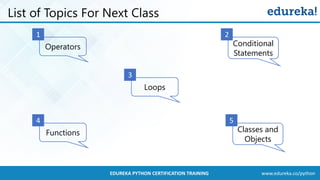 www.edureka.co/pythonEDUREKA PYTHON CERTIFICATION TRAINING
List of Topics For Next Class
Operators
1
Conditional
Statements
2
Loops
3
Functions
4
Classes and
Objects
5
 