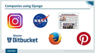 Copyright © 2017, edureka and/or its affiliates. All rights reserved.
Companies using Django
 