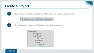 Copyright © 2017, edureka and/or its affiliates. All rights reserved.
Create a Project
$ django-admin startproject myproject
Open the terminal and navigate to the folder where the project is to be created.
Myproject/
manage.py
myproject/
__init__.py
settings.py
urls.py
wsgi.py
This will create a "myproject" folder with the following structure:
1
2
 