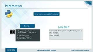 Python Certification Training https://www.edureka.co/python
Parameters
Information passed to functions
def my_function(fname):
print(fname + " Refsnes")
my_function("Emil")
my_function("Tobias")
my_function("Linus")
Example
C:UsersMy Name>python demo_function_param.py
Emil Refsnes
Tobias Refsnes
Linus Refsnes
 