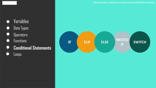 Variables
Data Types
Operators
Functions
Conditional Statements
Loops
IF ELIF
NESTED
IF
ELSE SWITCH
www.edureka.co/python-programming-certification-training
 