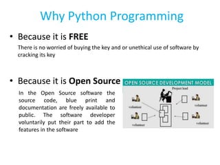 • Because it is FREE
There is no worried of buying the key and or unethical use of software by
cracking its key
• Because it is Open Source
Why Python Programming
In the Open Source software the
source code, blue print and
documentation are freely available to
public. The software developer
voluntarily put their part to add the
features in the software
 
