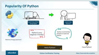 Python Certification Training https://www.edureka.co/python
Popularity Of Python
Learning other
languages
Learning
Python
Python is very
beginner-friendly!
Hello Python!
Syntax is extremely
simple to read and
follow!
Millions of happy learners!
I love Python!
 