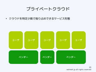 プライベートクラウド
●
    クラウドを特定少数で独り占めできるサービス形態




     ユーザ   ユーザ   ユーザ    ユーザ             ユーザ




       ベンダー      ベンダー     ベンダー



                                                          20
                              netmark.jp all rights reserved
 