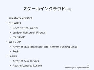 スケールインクラウド(1/2)

    salesforce.comの例
●
    NETWORK
    ●
        Cisco switch, router
    ●
        Juniper Netscreen Firewall
    ●
        F5 BIG-IP
●
    WEB / AP
    ●
        Array of dual processor Intel servers running Linux
    ●
        Resin
●
    Search
    ●
        Array of Sun servers
    ●
        Apache/Jakarta Lucene                                                30
                                                 netmark.jp all rights reserved
 