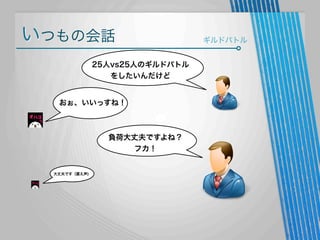 いつもの会話
25人vs25人のギルドバトル
をしたいんだけど

おぉ、いいっすね！

負荷大丈夫ですよね？
フカ！

大丈夫です（震え声)

ギルドバトル

 