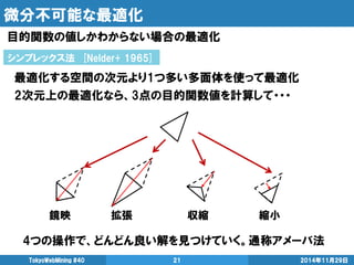 微分不可能な最適化 
目的関数の値しかわからない場合の最適化 
2014年11月29日 
TokyoWebMining #40 
21 
シンプレックス法 [Nelder+ 1965] 
最適化する空間の次元より1つ多い多面体を使って最適化 
4つの操作で、どんどん良い解を見つけていく。通称アメーバ法 
2次元上の最適化なら、3点の目的関数値を計算して・・・ 
鏡映 
拡張 
収縮 
縮小  