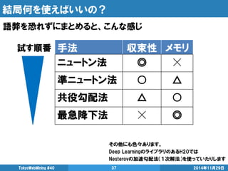 結局何を使えばいいの？ 
2014年11月29日 
TokyoWebMining #40 
37 
その他にも色々あります。 
Deep LearningのライブラリのあるH20では 
Nesterovの加速勾配法（１次解法）を使っていたりします 
語弊を恐れずにまとめると、こんな感じ 
手法 
収束性 
メモリ 
ニュートン法 
◎ 
☓ 
準ニュートン法 
○ 
△ 
共役勾配法 
△ 
○ 
最急降下法 
☓ 
◎ 
試す順番  