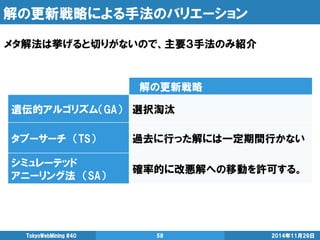 解の更新戦略による手法のバリエーション 
2014年11月29日 
TokyoWebMining #40 
58 
解の更新戦略 
遺伝的アルゴリズム（GA） 
選択淘汰 
タブーサーチ （TS） 
過去に行った解には一定期間行かない 
シミュレーテッド 
アニーリング法 （SA） 
確率的に改悪解への移動を許可する。 
メタ解法は挙げると切りがないので、主要３手法のみ紹介  