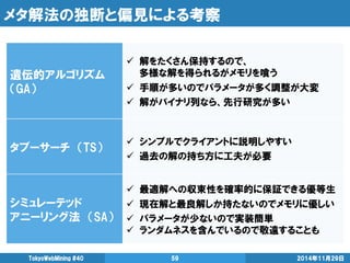 メタ解法の独断と偏見による考察 
2014年11月29日 
TokyoWebMining #40 
59 
遺伝的アルゴリズム （GA） 
解をたくさん保持するので、 
多様な解を得られるがメモリを喰う 
手順が多いのでパラメータが多く調整が大変 
解がバイナリ列なら、先行研究が多い 
タブーサーチ （TS） 
シンプルでクライアントに説明しやすい 
過去の解の持ち方に工夫が必要 
シミュレーテッド 
アニーリング法 （SA） 
最適解への収束性を確率的に保証できる優等生 
現在解と最良解しか持たないのでメモリに優しい 
パラメータが少ないので実装簡単 
ランダムネスを含んでいるので敬遠することも  