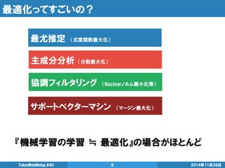 最適化ってすごいの？ 
『機械学習の学習 ≒ 最適化』の場合がほとんど 
2014年11月29日 
TokyoWebMining #40 
6 
最尤推定 （尤度関数最大化） 
主成分分析 （分散最大化） 
サポートベクターマシン （マージン最大化） 
協調フィルタリング （Nuclearノルム最小化等）  