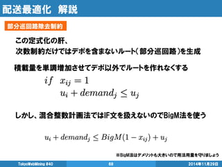 配送最適化 解説 
TokyoWebMining #40 68 2014年11月29日 
部分巡回路除去制約 
この定式化の肝、 
次数制約だけではデポを含まないルート（部分巡回路）を生成 
積載量を単調増加させてデポ以外でルートを作れなくする 
しかし、混合整数計画法ではIF文を扱えないのでBigM法を使う 
※BigM法はデメリットも大きいので用法用量を守りましょう 
 