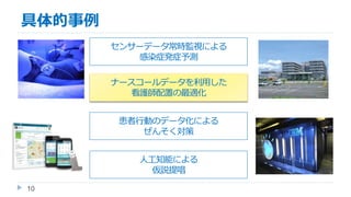 センサーデータ常時監視による
感染症発症予測
ナースコールデータを利用した
看護師配置の最適化
患者行動のデータ化による
ぜんそく対策
人工知能による
仮説提唱
10
具体的事例
 