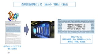 21
使われている
言葉の種類・数・文章構造などから
表現の「特徴」を抽出
あるキナーゼのことを
書いた論文
自然言語処理による 論文の「特徴」の抽出
“酵素”という言葉が４６回
“高血圧”という言葉が２回
“がん”という言葉が１４回…
 