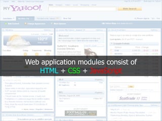 Web application modules consist of
   HTML + CSS + JavaScript
 