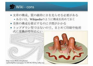 Wiki	
  -­‐	
  cons	
                                                                                   	
  
                                       Wikipedia                            	
  
                                                                     	
  
        
                                                              	
 




http://www.ﬂickr.com/photos/
7506006@N07/1197395511/	
  CC	
  BY-­‐NC-­‐ND	
  by	
  milky.way	
 
 